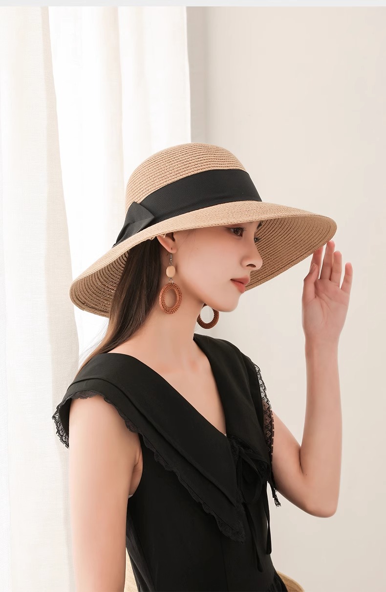 2025New Straw Sun Hat Wide Brim Beach Hat with Black Bow